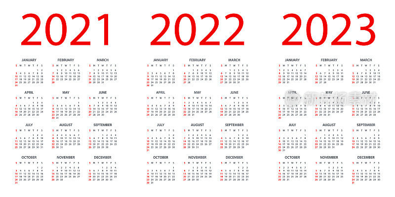 日历2021 2022 2023 -简单布局插图。一周从周日开始。日历设定为2021年、2022年、2023年